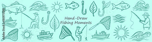 Hand drawn fishing themed images with fish boats sun waves hooks leaves and fishing nets on blue background