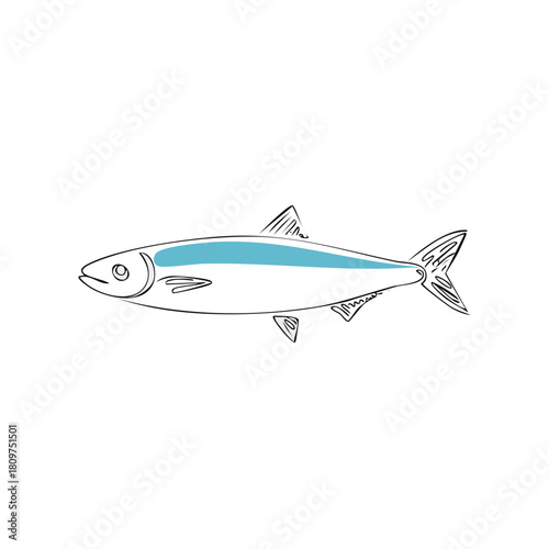 Stylized drawing of a slender fish featuring a distinct blue stripe, aquatic animal art