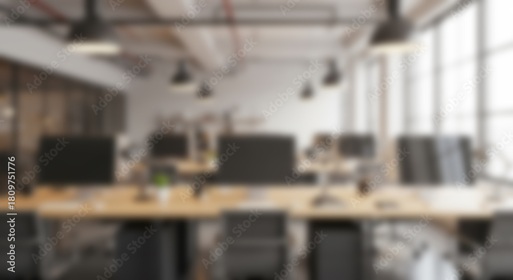 Naklejka premium Blurred contemporary office environment, with neat desks and soft lighting. Perfect for business backgrounds, presentations, or startup websites.