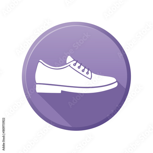 Elegant white oxford shoe silhouette on a purple circle button with a subtle shadow effect