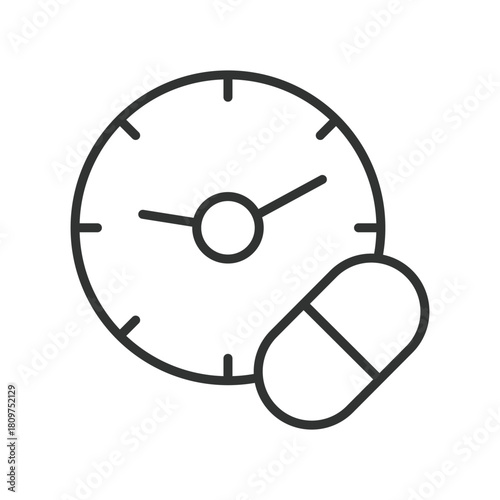 Dosage time icon in line design. dosage time, pill schedule, treatment timing, clinical dosage on white background vector. Dosage time editable stroke icon