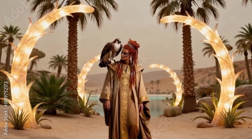 Guardião do Oásis Místico com Pássaro Sagrado – Retrato Cinemático Tribal Futurista