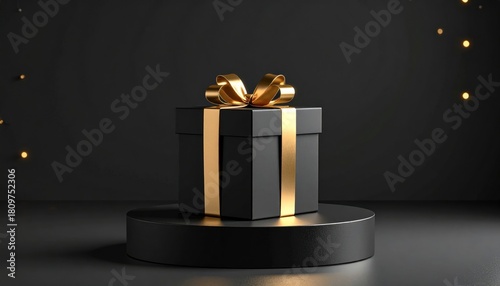 Luxury Black Gift Box with Gold Ribbon and Bokeh Lights