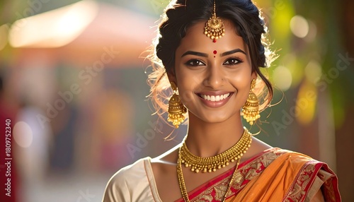 Smiling woman in vibrant ethnic clothing with gold jewelry against a warm, blurred background