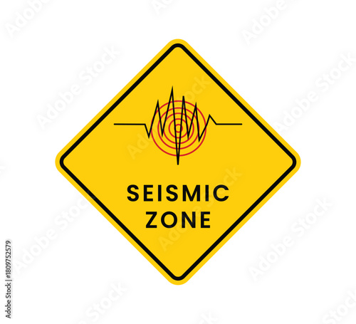 yellow warning sign with black seismograph line, earthquake hazard, and danger alert for seismic activity on transparent background.