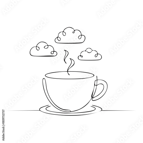 Single line drawing of a steaming coffee cup with whimsical clouds floating above