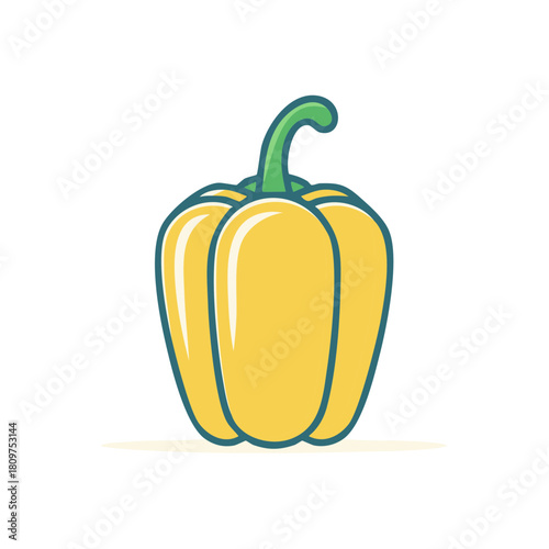 Illustrated yellow bell pepper design with green stem and outline, isolated