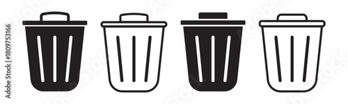 Set of trash bin icons including waste disposal, littering symbols, and recycle logos. Ideal for environment, waste management, and eco awareness designs. Icons, vector.