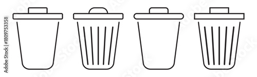 Set of trash bin icons including waste disposal, littering symbols, and recycle logos. Ideal for environment, waste management, and eco awareness designs. Icons, vector.