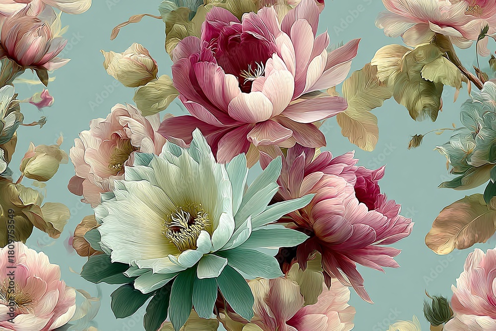 Fototapeta premium Chic and elegant seamless pattern with hylocereus undatus flowers and peonies on light blue background