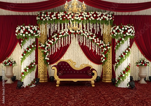 Ornate wedding stage decoration with red velvet sofa and floral accents