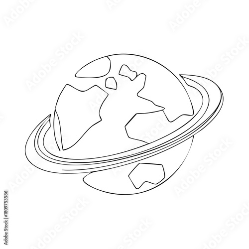 Stylized line art drawing of planet Earth with orbiting rings representing a planetary ring system