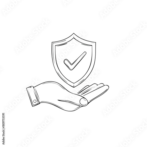 Hand holding protective shield with check mark symbol sketch illustration