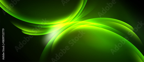 Abstract green light shapes overlap, creating dynamic energy. Bright center radiates, contrasting dark background. Smooth curves suggest movement.