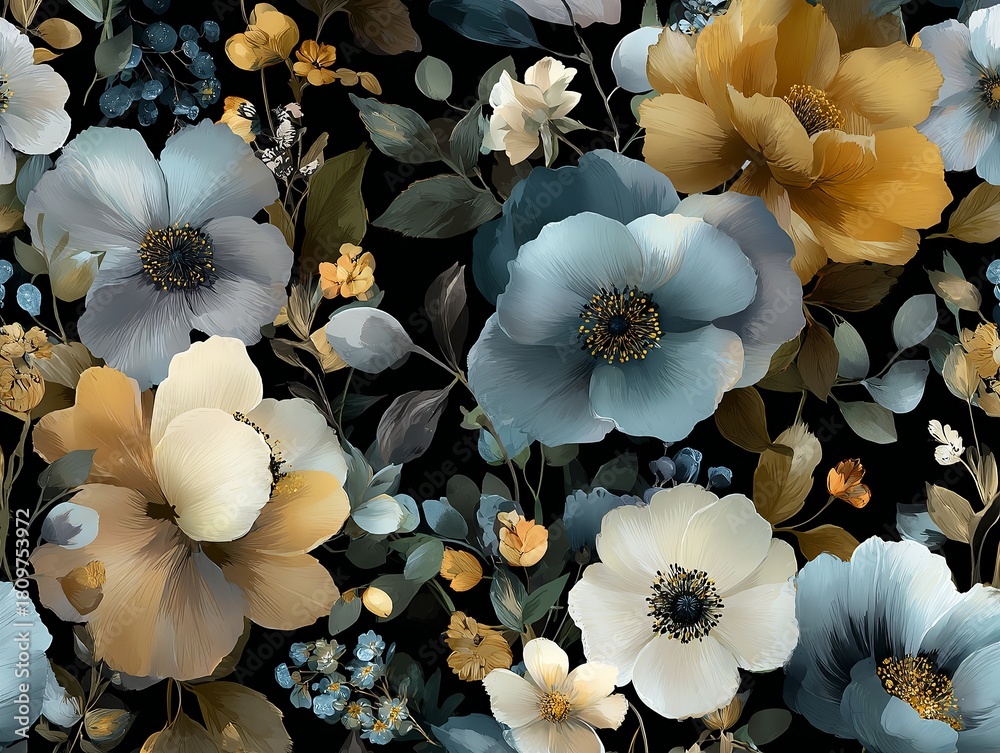 Fototapeta premium Chic and elegant seamless pattern with anemones and buttercups on vintage dark background