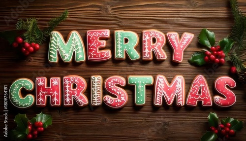 Festive Merry Christmas Cookie Lettering on Rustic Wooden Background
