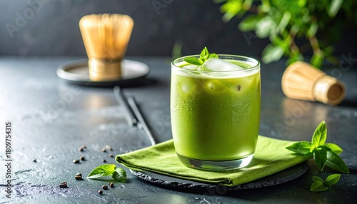 Refreshing Iced Matcha Green Tea with Mint and Ice Cubes