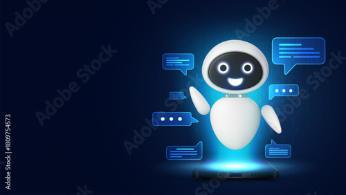 3D robot with a message bubble and a smartphone on futuristic background. AI assistant. Artificial Intelligence concept. Chatbot technology and automation service. Vector illustration.