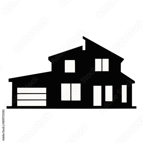 Silhouette of a modern suburban house with driveway and front porch outline, white background
