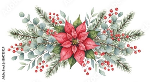 Watercolor christmas poinsettia, fir, eucalyptus, berries arrangement