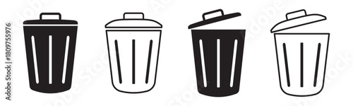Set of trash bin icons including waste disposal, littering symbols, and recycle logos. Ideal for environment, waste management, and eco awareness designs. Icons, vector.