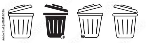 Set of trash bin icons including waste disposal, littering symbols, and recycle logos. Ideal for environment, waste management, and eco awareness designs. Icons, vector.