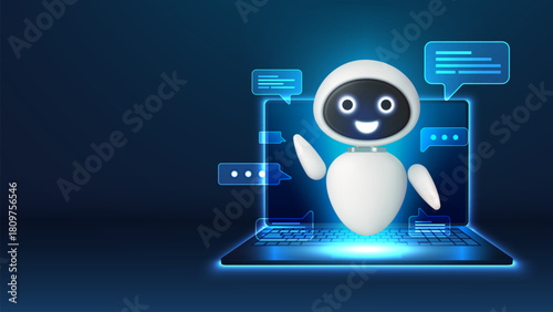 3D robot with a message bubble and a laptop on a futuristic background. AI assistant technology. Artificial Intelligence concept. Chatbot technology and support assistance. Vector illustration.