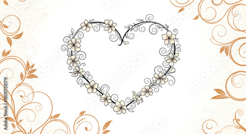 Floral heart frame with vintage scrollwork and ornamental floral details.