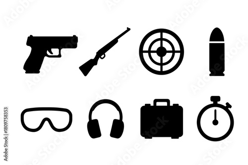 Archery icons set: bow, arrow, target, quiver, glove, bullseye, scope