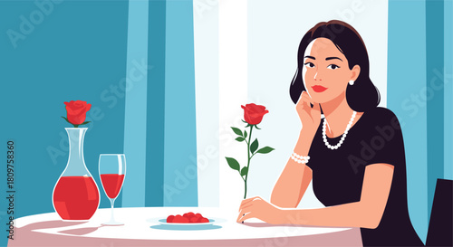 A woman in a black dress sits at a table with a rose and wine, looking at the camera.