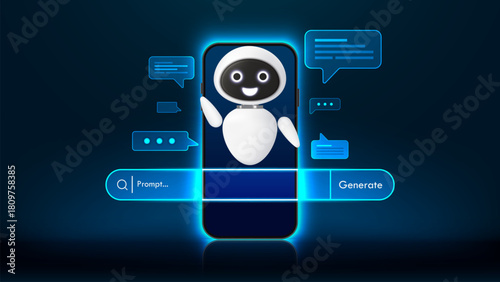 3D robot with a message bubble and a smartphone on futuristic background. Generative bar and AI assistant. Artificial Intelligence. Chatbot technology and automation service. Vector illustration.