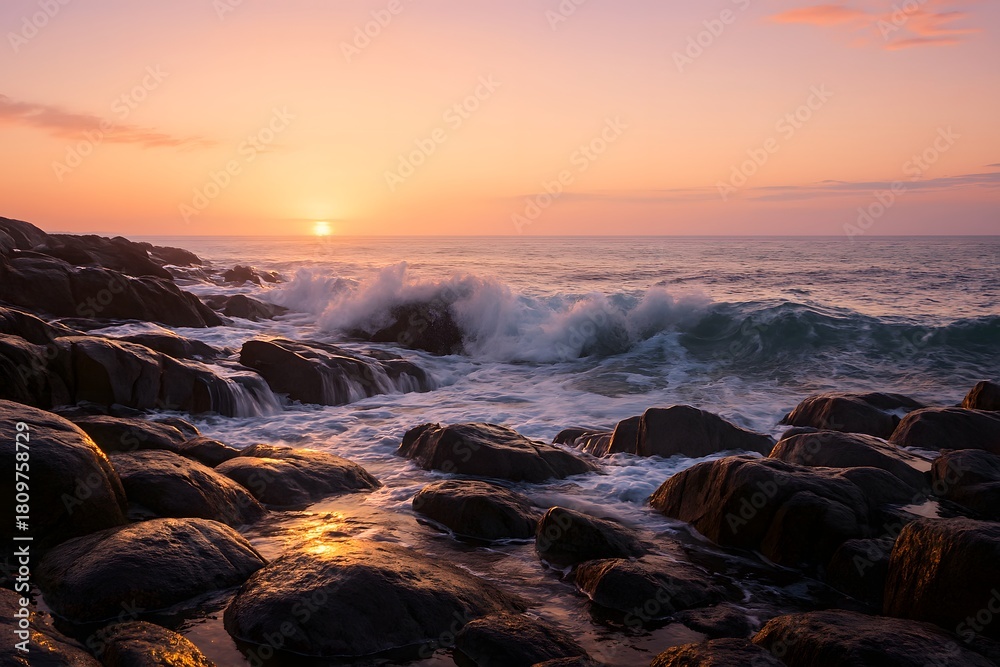 Obraz premium Sunset Waves Crashing on Rocks