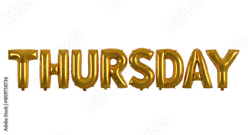 Golden foil balloons spelling out the word THURSDAY on a black background thursday day of the week isolated on a transparent background