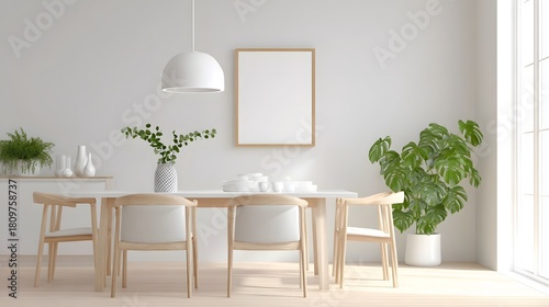 Contemporary minimalist dining space featuring a light wood table and chairs a potted monstera plant and decorative elements illuminated by soft daylight from a large window