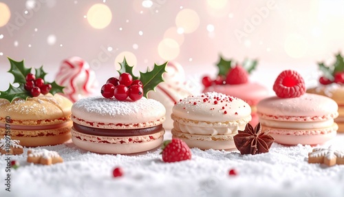 Obraz na płótnie 雪の上に並ぶマカロンとクリスマス飾り / Festive macarons on snowy surface with ber
