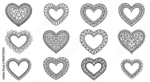 Collection of decorative heart outlines with intricate lace-like borders and patterns.