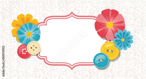 Decorative frame with colorful flowers and buttons on a textured background.
