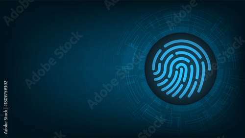 Fingerprint icon on a futuristic circuit board background. Cybersecurity and personal data protection concept. Identity, biometric, scan and privacy. Vector illustration.