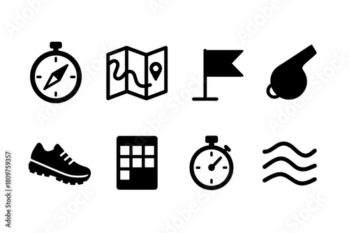 Outdoor adventure icons: hiking gear and camping essentials in a bold black silhouette style