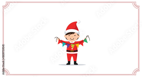 Illustration of a happy child dressed as Santa Claus holding a colorful string of festive pennant flags.