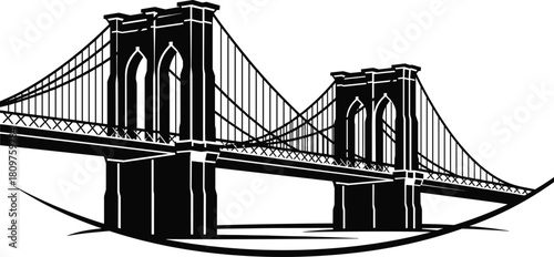 Black and white vector illustration of Brooklyn Bridge, New York City landmark silhouette, suspension bridge isolated on white background, architectural icon for travel design
