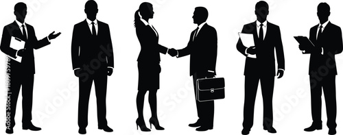 Business people silhouette set vector, corporate team illustration, shaking hands meeting, men and women in suits, professional group standing, black isolated figures.