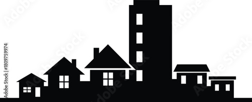 Minimalist city skyline silhouette vector, black houses and skyscraper illustration, urban residential neighborhood design, real estate property icon, town architecture landscape view, 