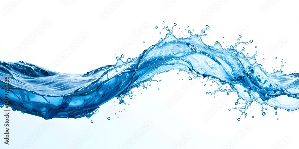 Obraz premium A splash of water waves with clean blue and bubbles, set against a white background with space for text.