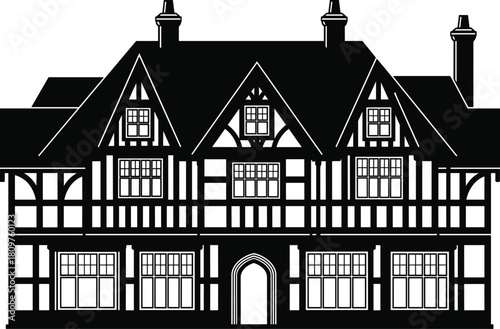 Traditional Tudor house silhouette vector, old English cottage architecture, medieval manor illustration, half-timbered building design, historic black home, residential real estate symbol.