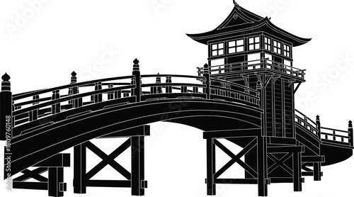 Traditional Asian wooden arch bridge silhouette, ancient Chinese architecture vector, Japanese pagoda crossing illustration, oriental culture landmark, historic black isolated design element, 
