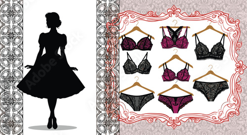 Silhouette of a woman in a dress next to a display of lace lingerie items.