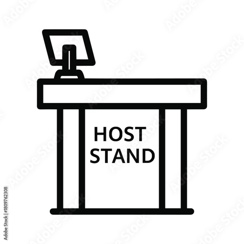 Line art icon of a host stand with a monitor, used for greeting guests, isolated on