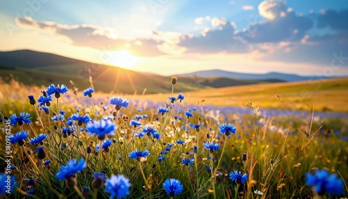A field of bright blue cornflowers in full bloom, bathed in the warm light of a setting sun, with rolling hills in the background.