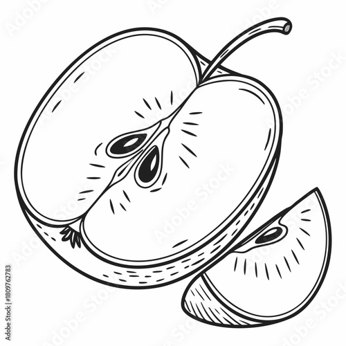 Illustration of a halved apple with seeds and a smaller slice in black and white outline style drawing